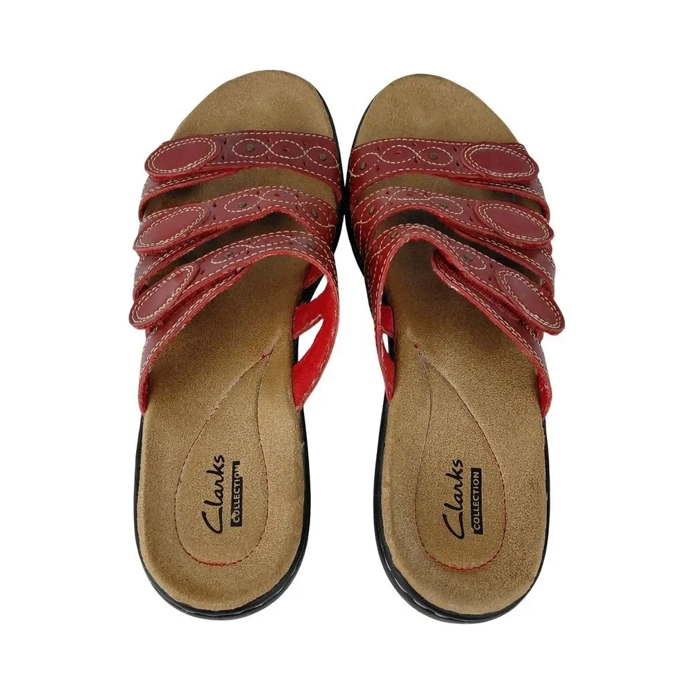 Clarks Red Leather Wedge Sandals Slip On Strappy Cutout Womens Size 9N - Picture 2 of 9